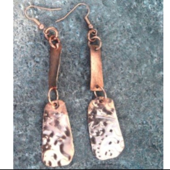 Solid Copper Dangle Earrings Rustic Statement Drop Handmade Boho Artisan Gift - Picture 1 of 3